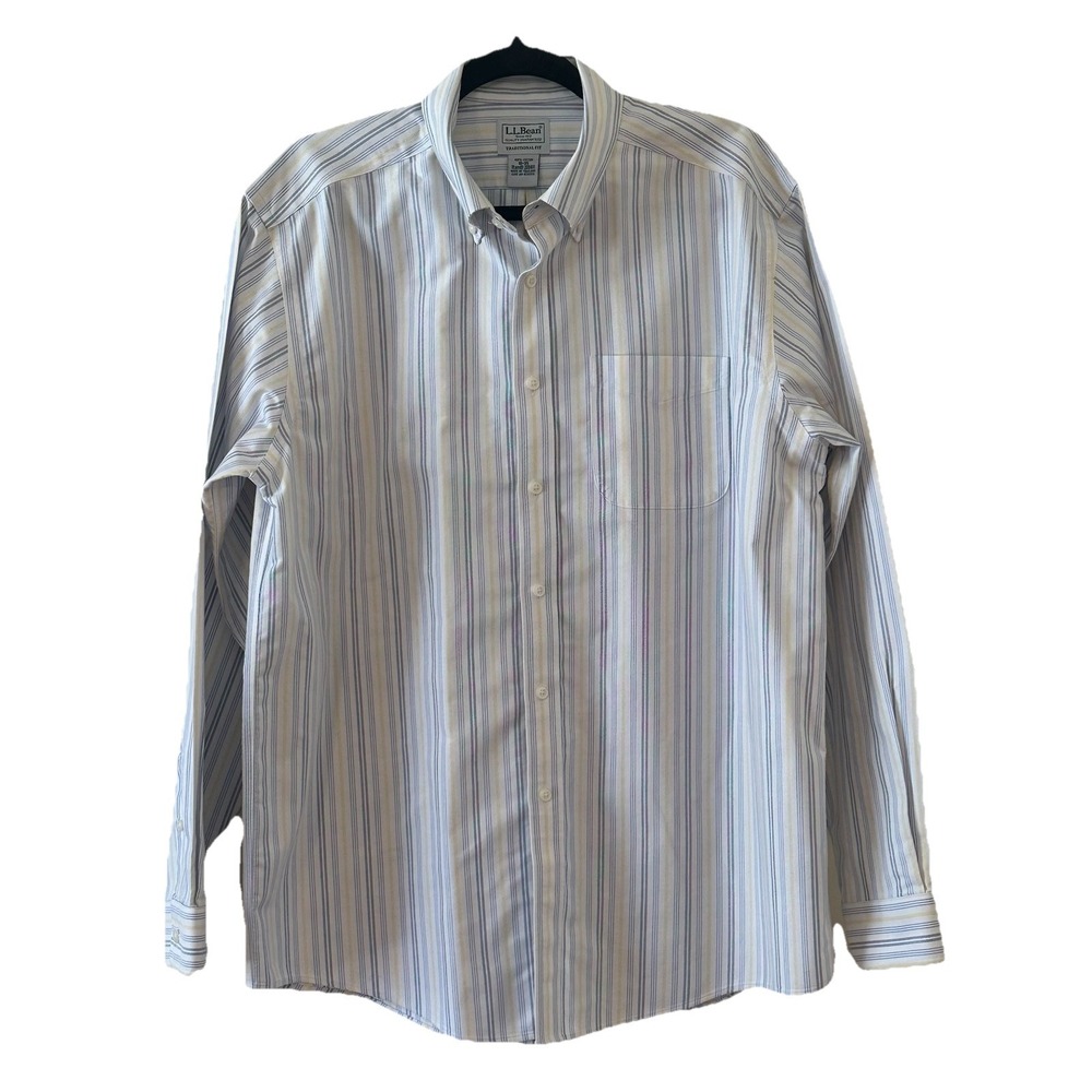 LL Bean Traditional Fit 16 35 Blue Yellow Striped Oxford Preppy Shirt Timeless